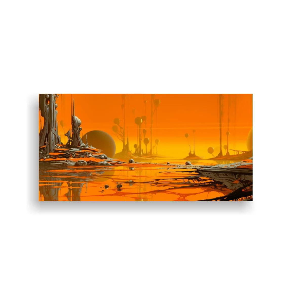 Cuadro paisaje surrealista con árboles y soles dorados