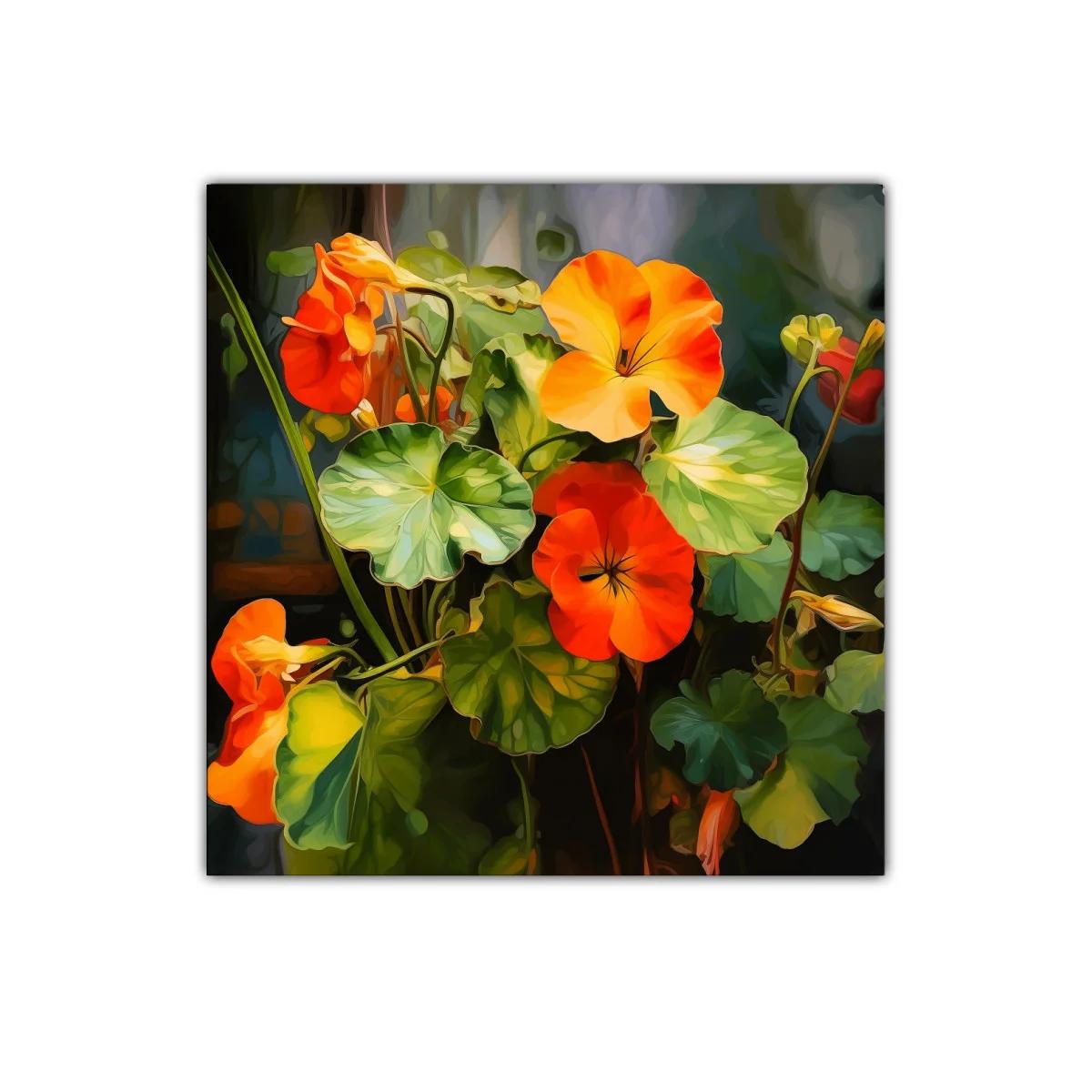 Cuadro decorativo flores vibrantes y hojas verdes