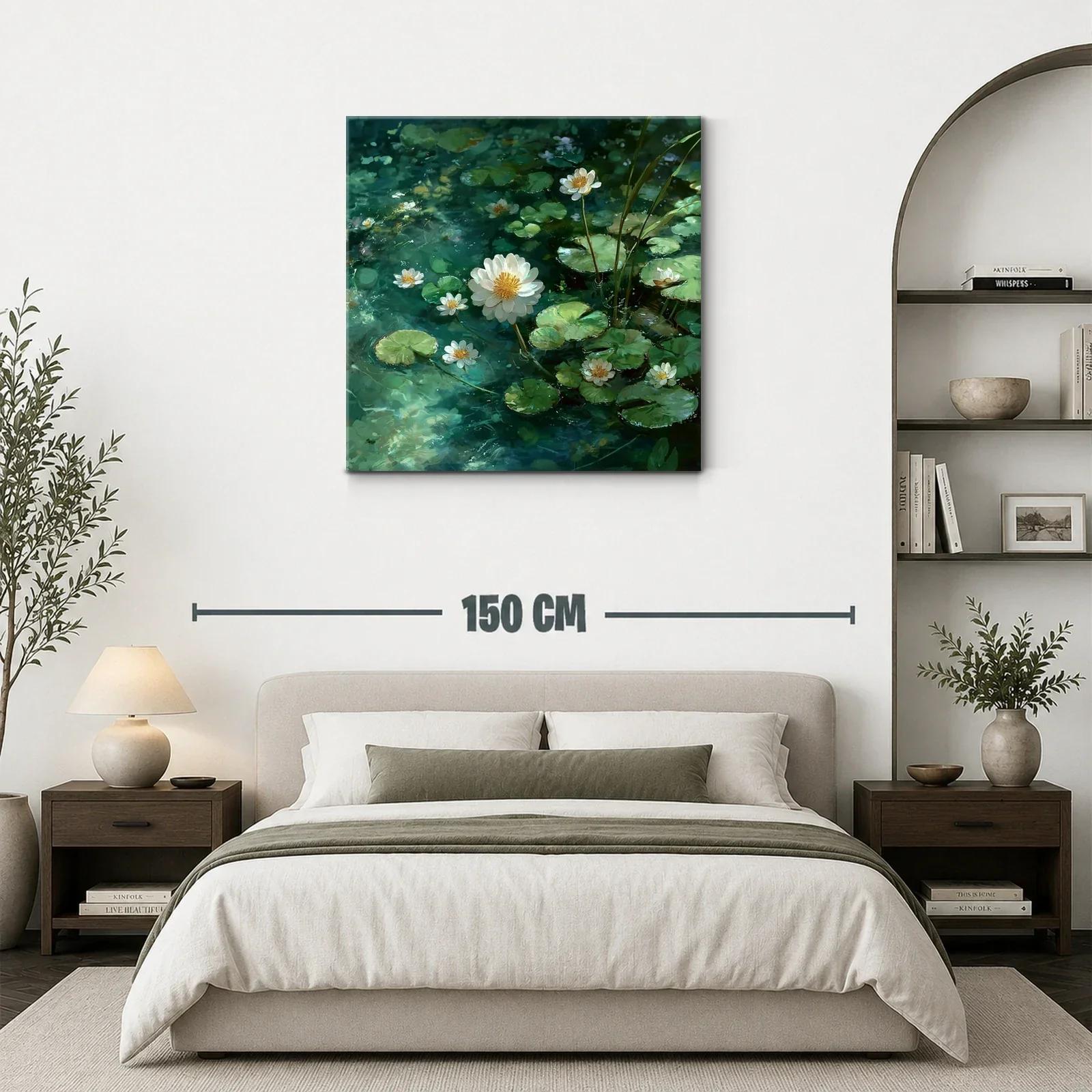 Lienzo de flores acuáticas en tonos verde y blanco — miniatura 3