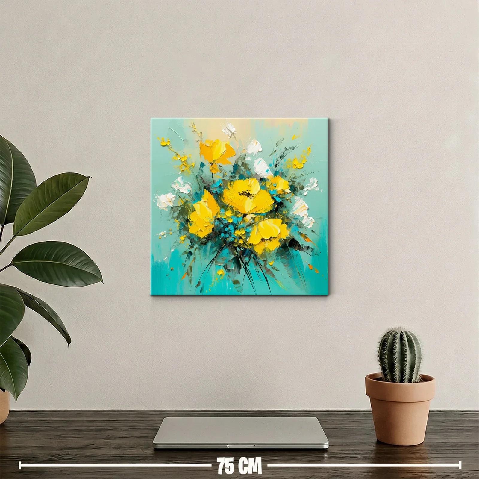 Cuadro moderno con ramo de flores amarillas y fondo turquesa — miniatura 2