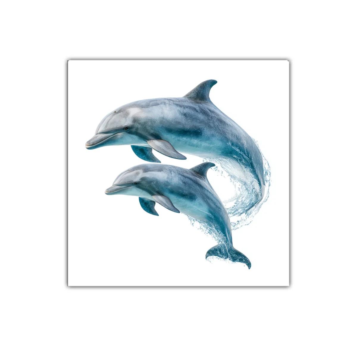 Cuadro de delfines saltando en tonos azules y grises