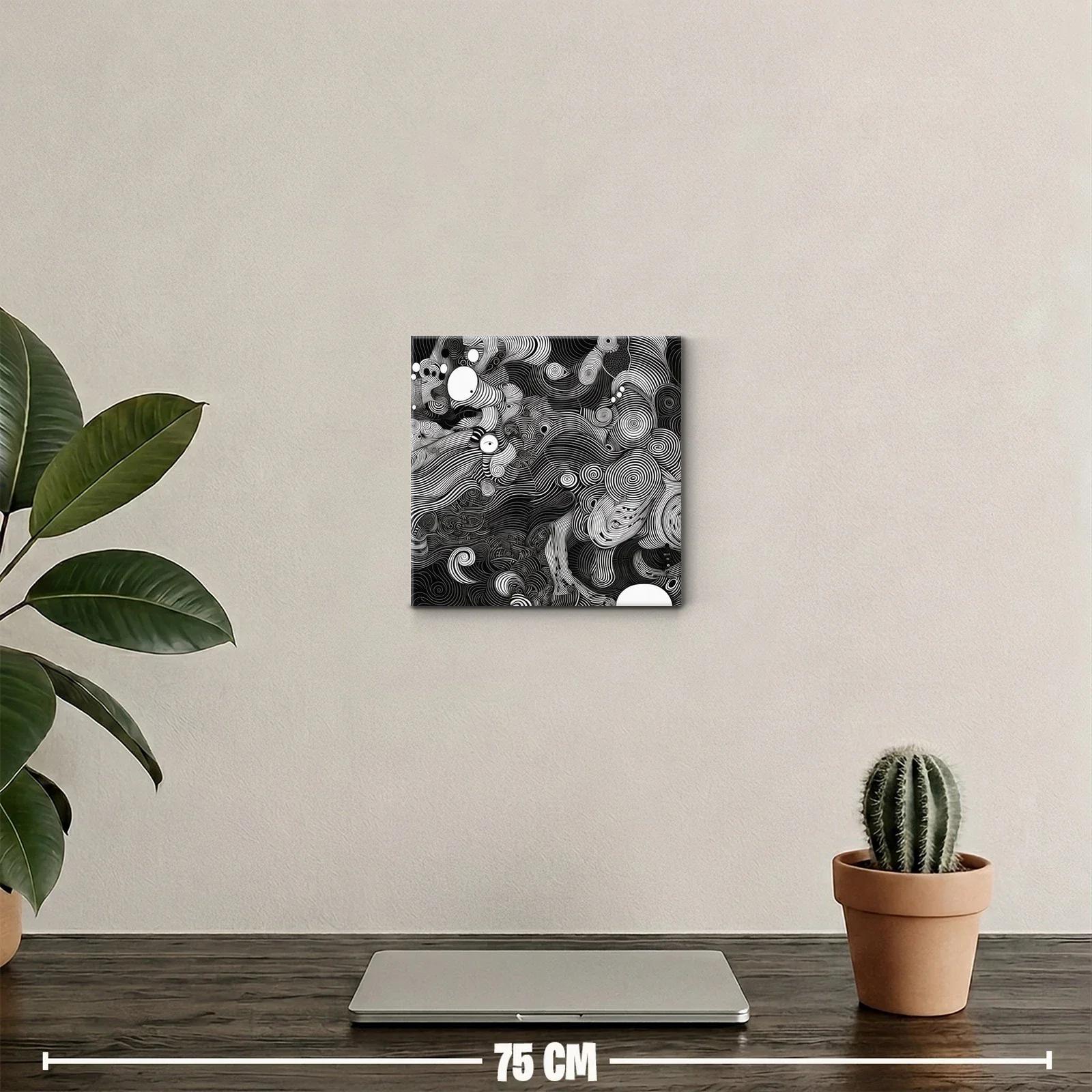 Cuadro abstracto en blanco y negro con líneas onduladas y espirales — miniatura 2