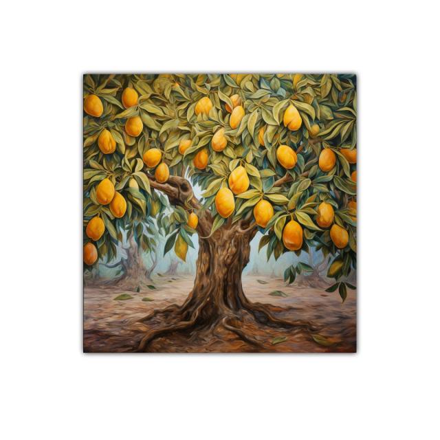 Árbol cargado de frutas vibrantes en paisaje sereno