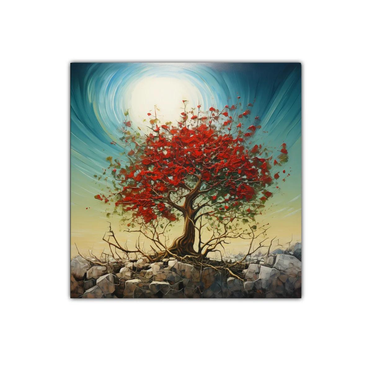Árbol rojo vibrante sobre rocas con cielo luminoso — imagen principal