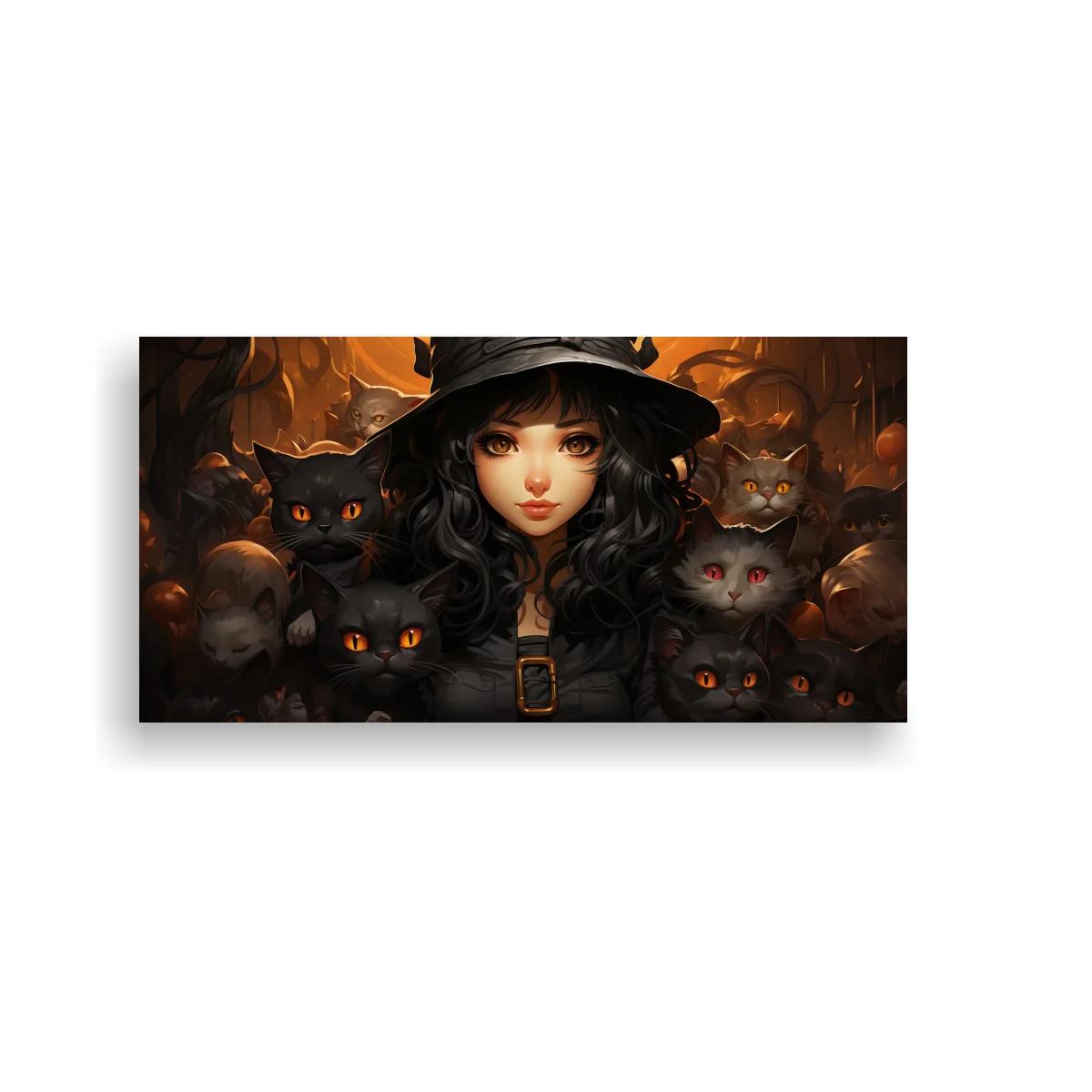 Cuadro bruja joven con gatos grises y sombrero negro