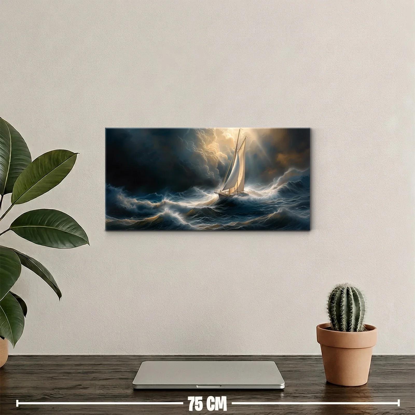 Cuadro velero en tormenta con velas claras y luz entre nubes — miniatura 2