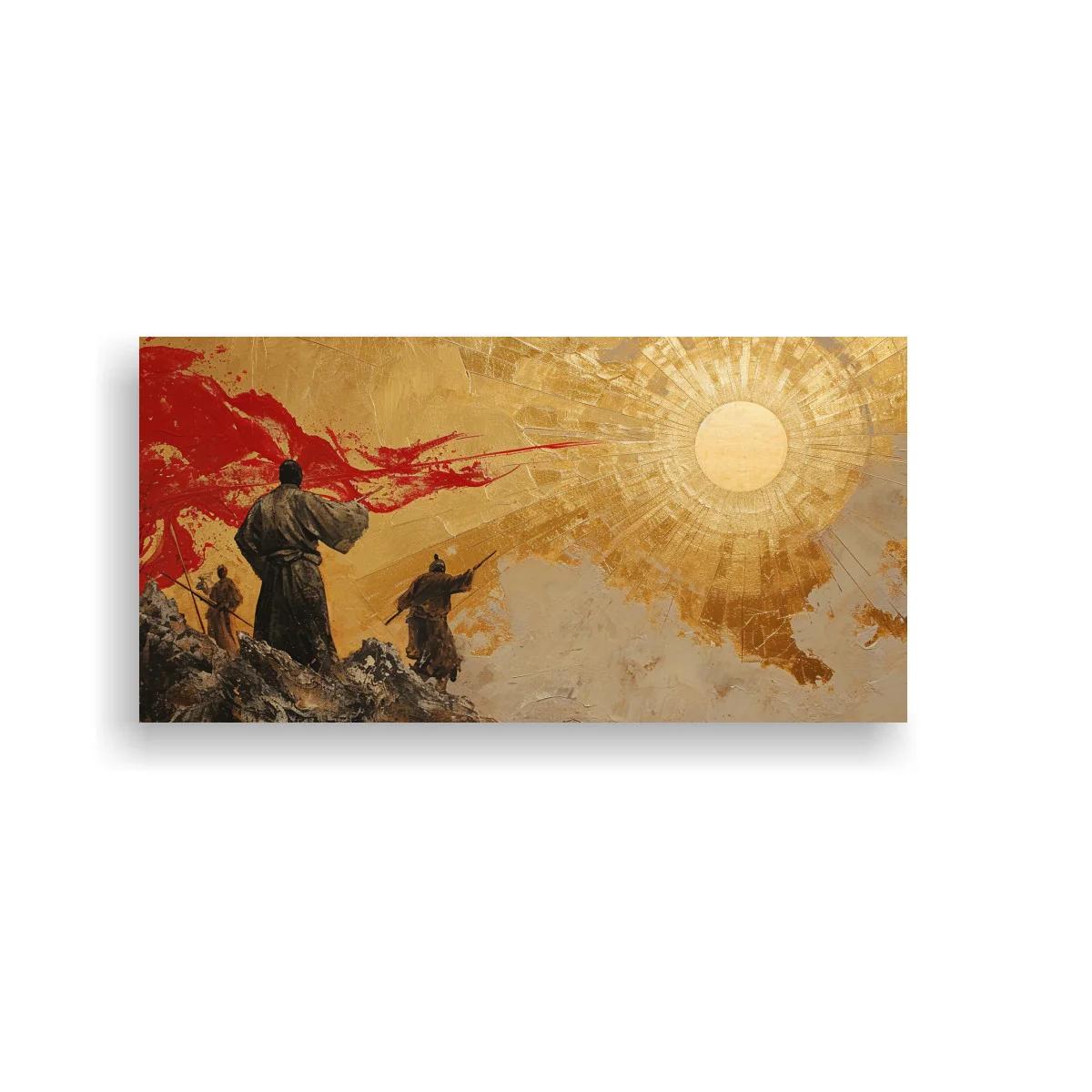 Cuadro samurái con estandarte rojo y sol dorado