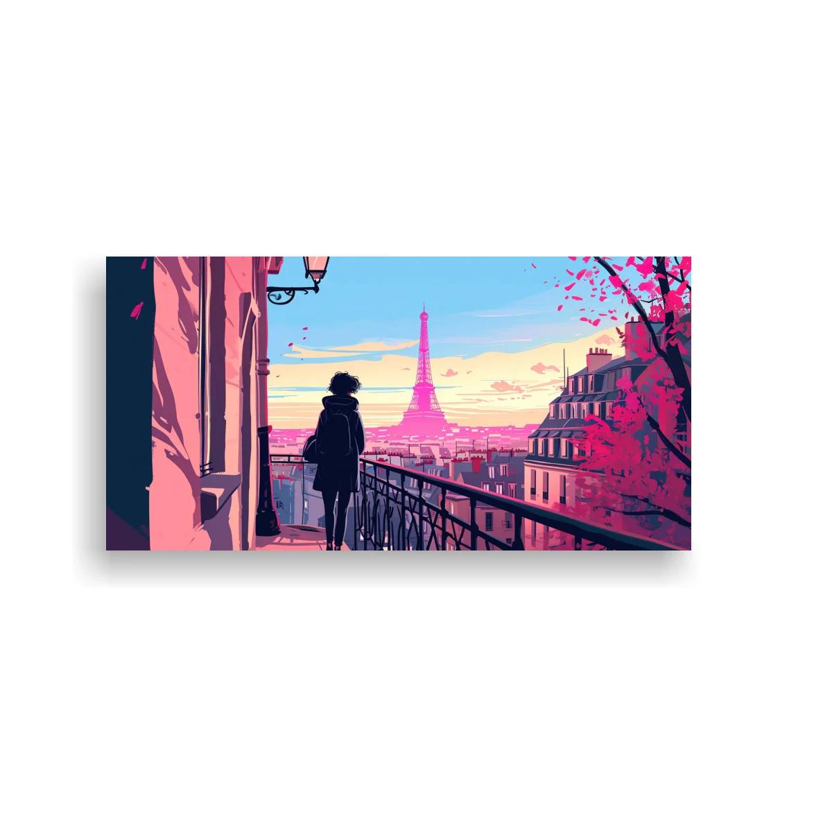 Cuadro mujer en un balcón con la Torre Eiffel y cielo pastel — imagen principal