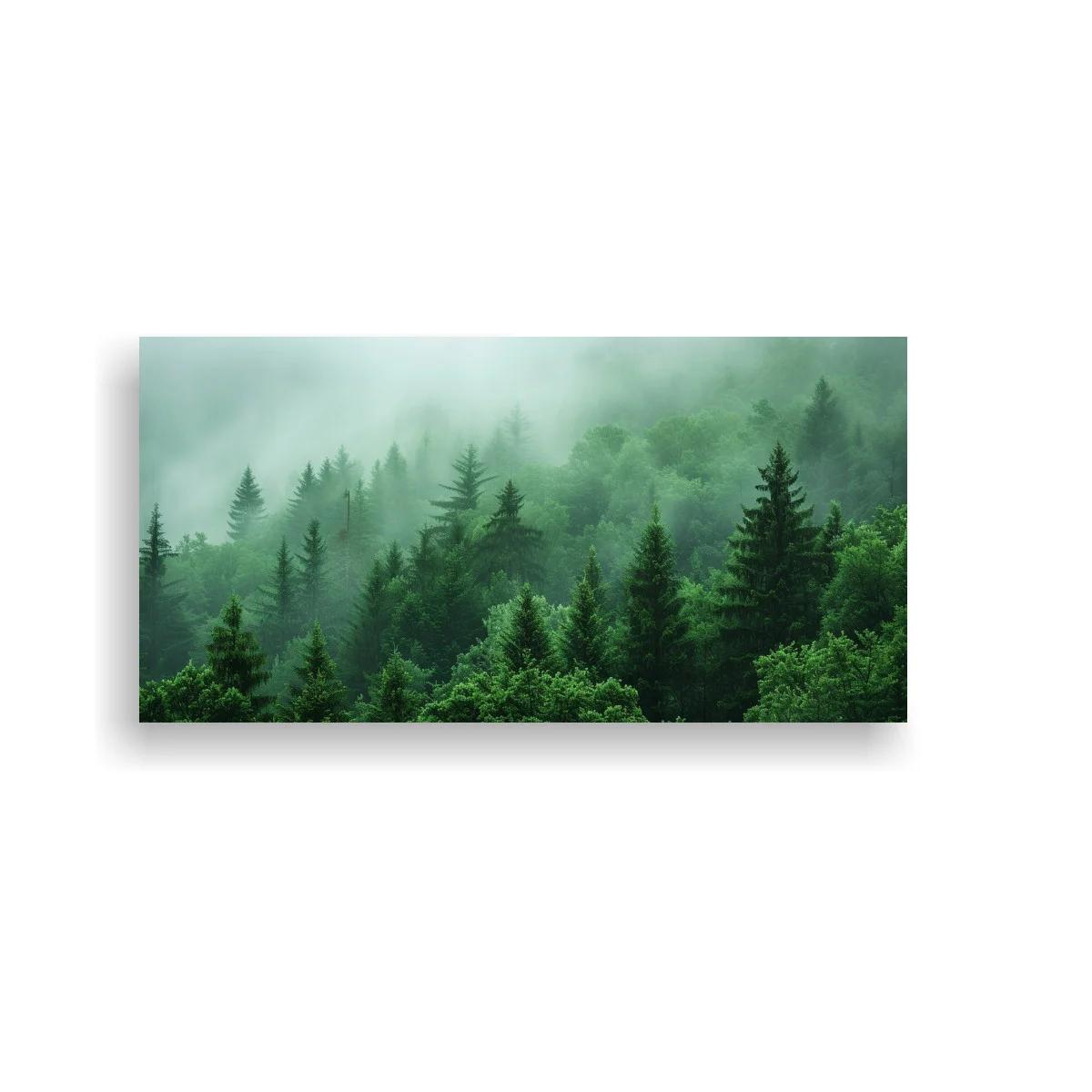 Cuadro bosque de pinos entre niebla en tonos verdes
