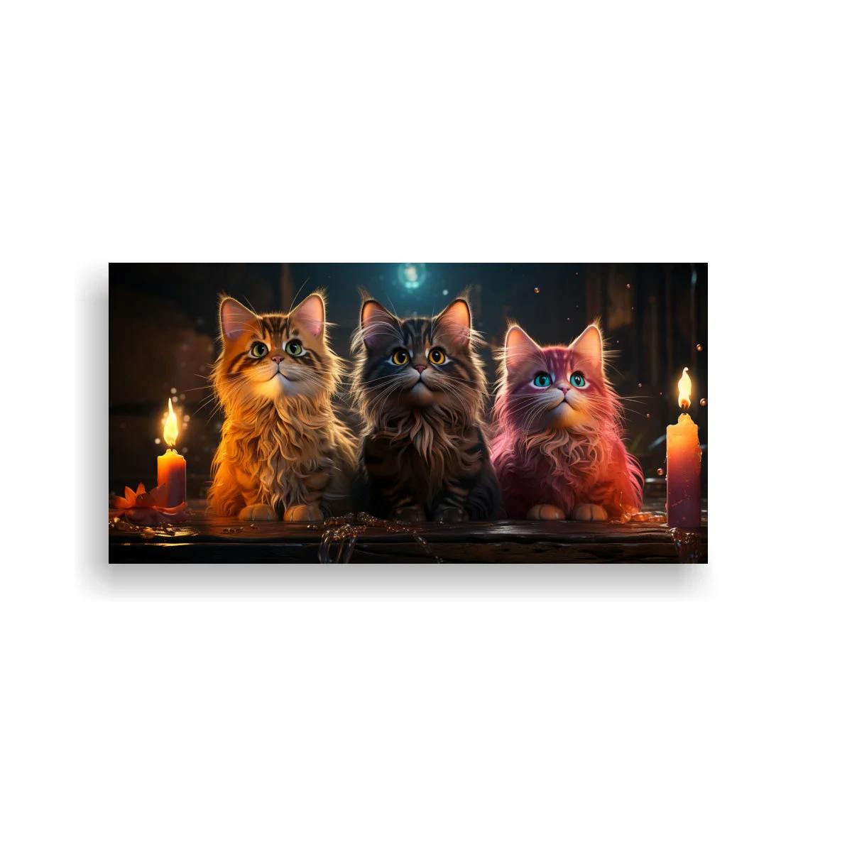 Cuadro tres gatos de pelo largo frente a velas encendidas