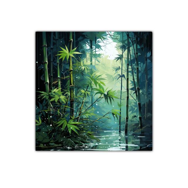 Bosque de bambú con luz y reflejos en el agua