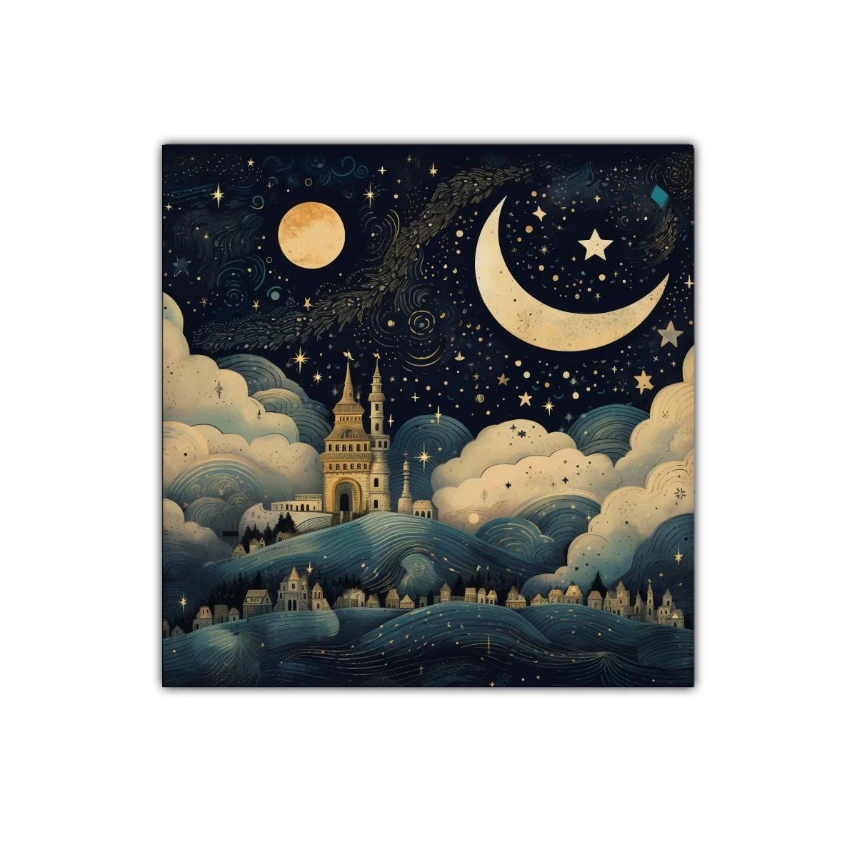 Paisaje nocturno con castillo y cielo estrellado mágico — imagen principal