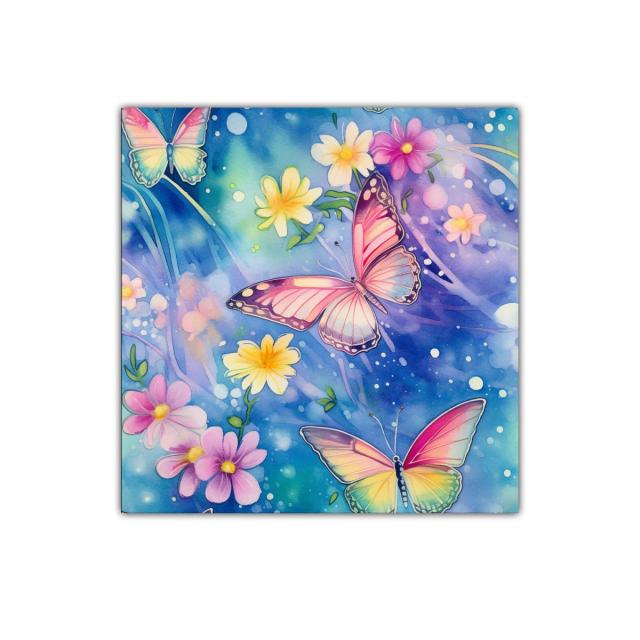 Mariposas y flores en tonos pastel sobre fondo azul