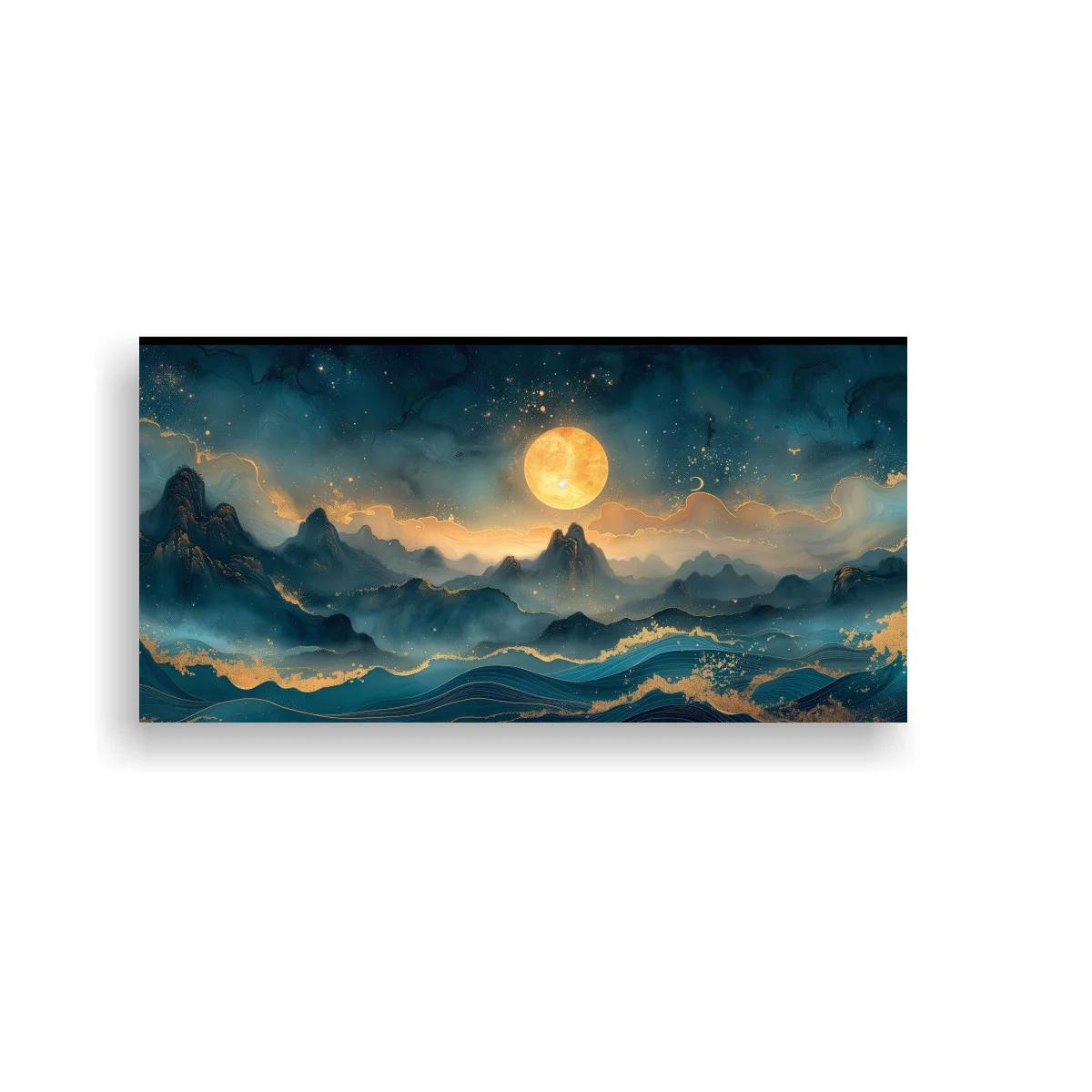 Cuadro luna llena sobre el mar de olas onduladas