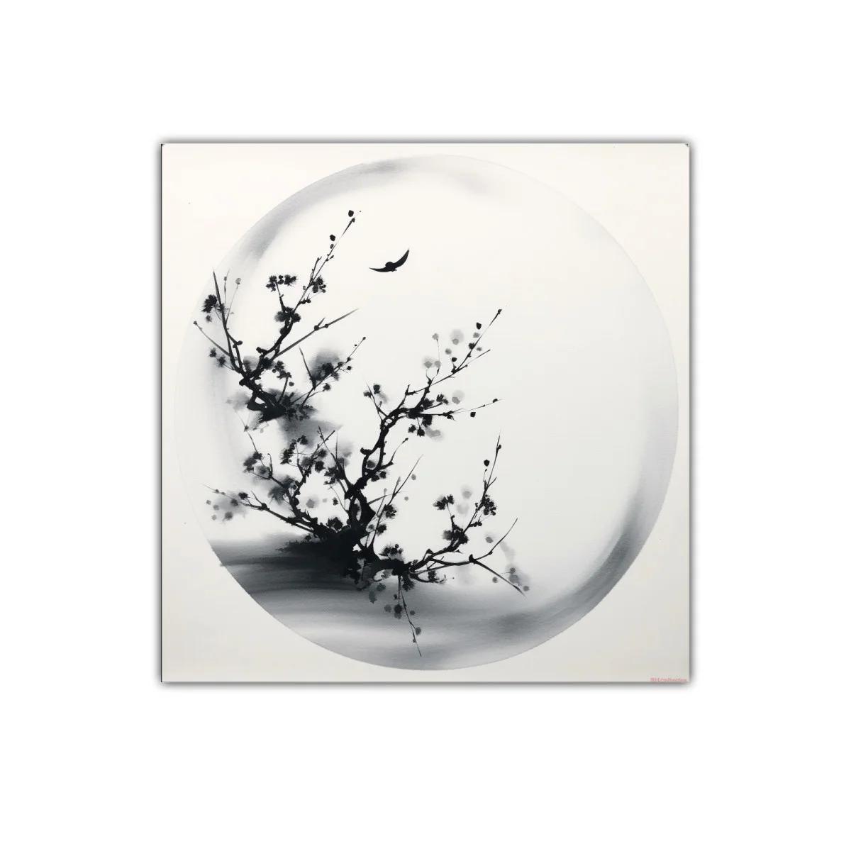 Cuadro decorativo con rama y pájaro en tonos grises — imagen principal