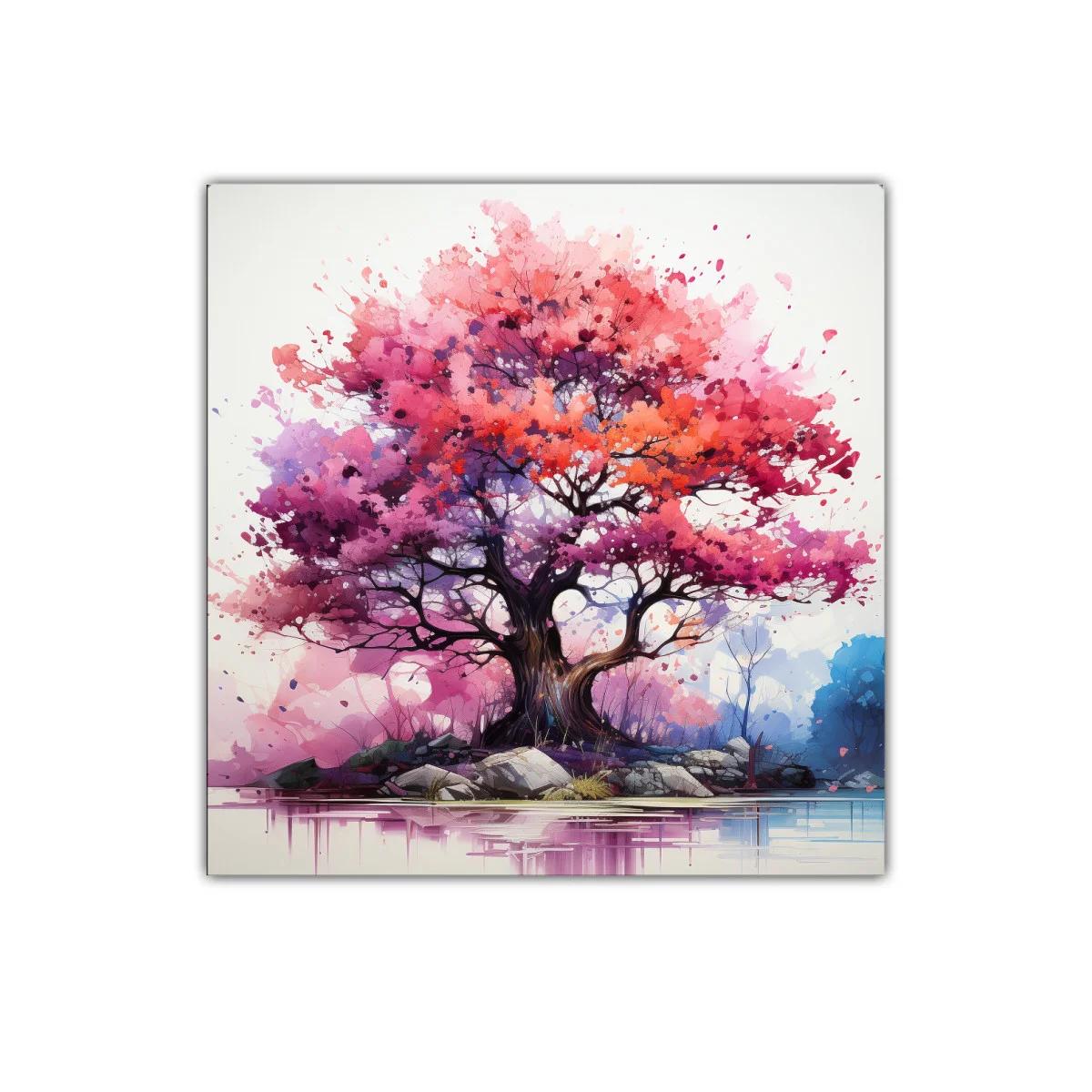 Árbol vibrante con tonos rosas y púrpuras sobre lago tranquilo