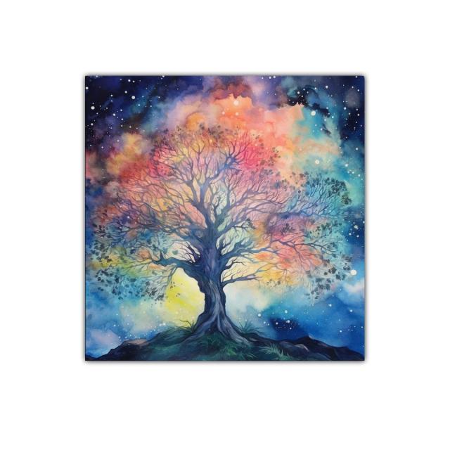 Árbol multicolor con fondo estrellado y nebular