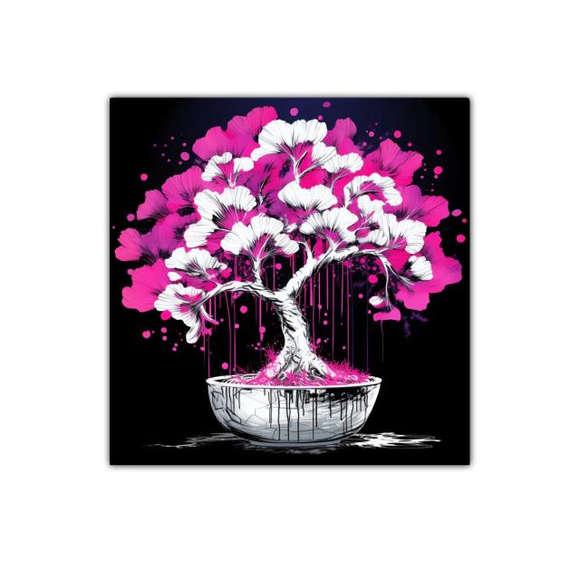 Árbol bonsái vibrante con flores rosa y blancas sobre fondo negro