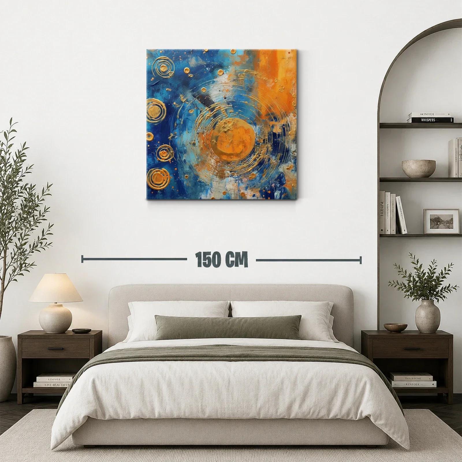 Cuadro abstracto con círculos dorados y contraste azul naranja — miniatura 3