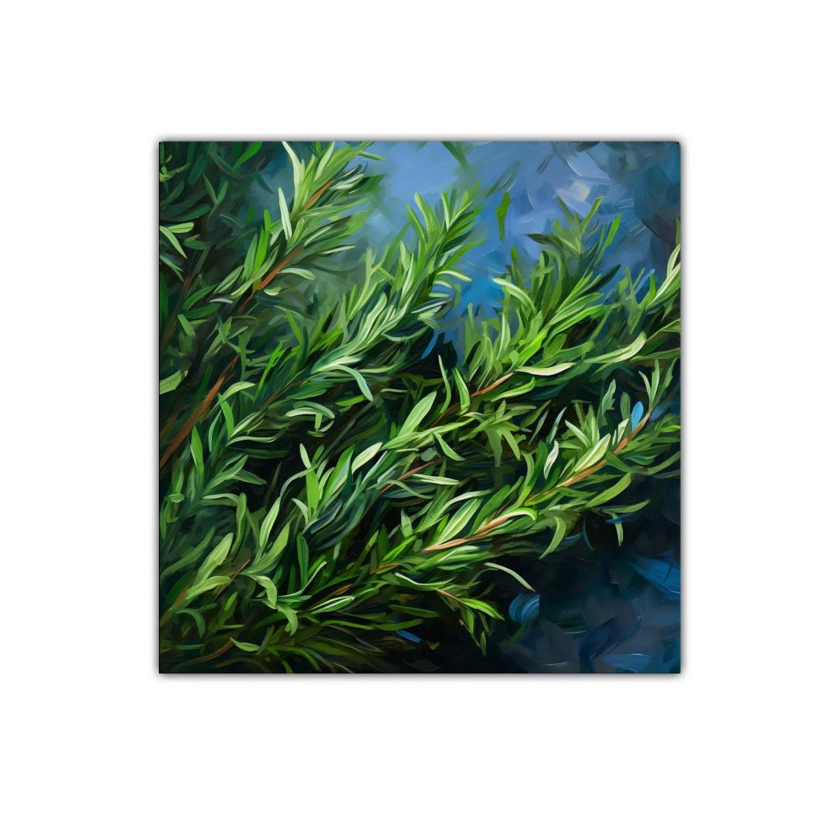 Cuadro decorativo con hojas verdes en fondo azul intenso — imagen principal