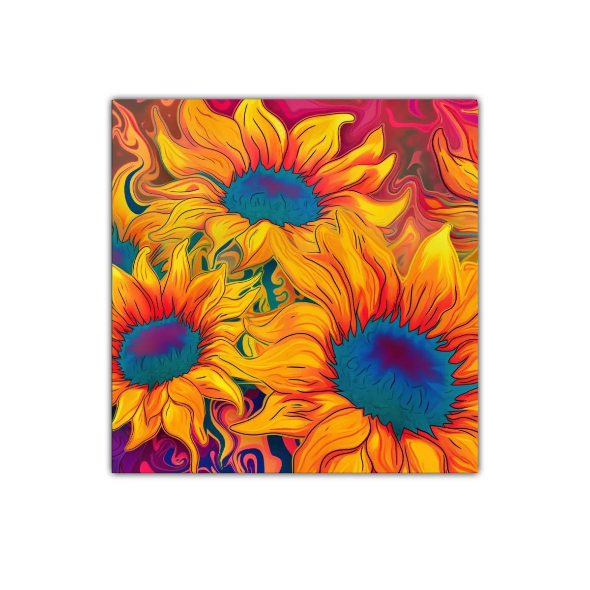 Cuadro vibrante con girasoles en tonos cálidos y contrastes azules — imagen principal