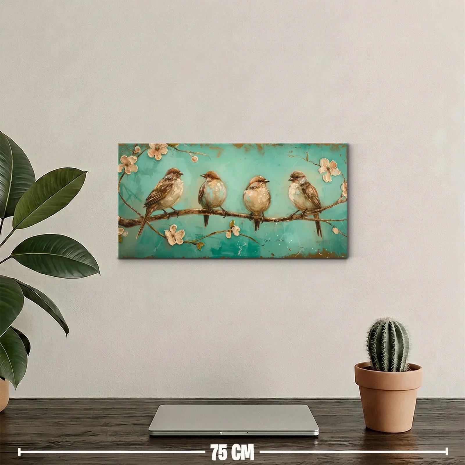 Cuadro cuatro pájaros posados en una rama con flores claras — miniatura 2