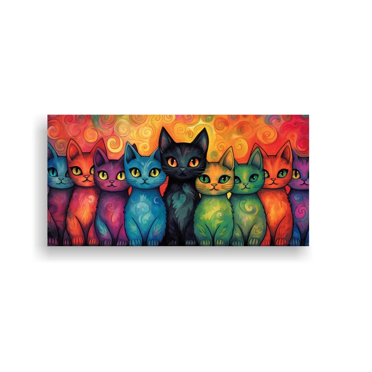 Cuadro fila de gatos de colores con fondo de espirales