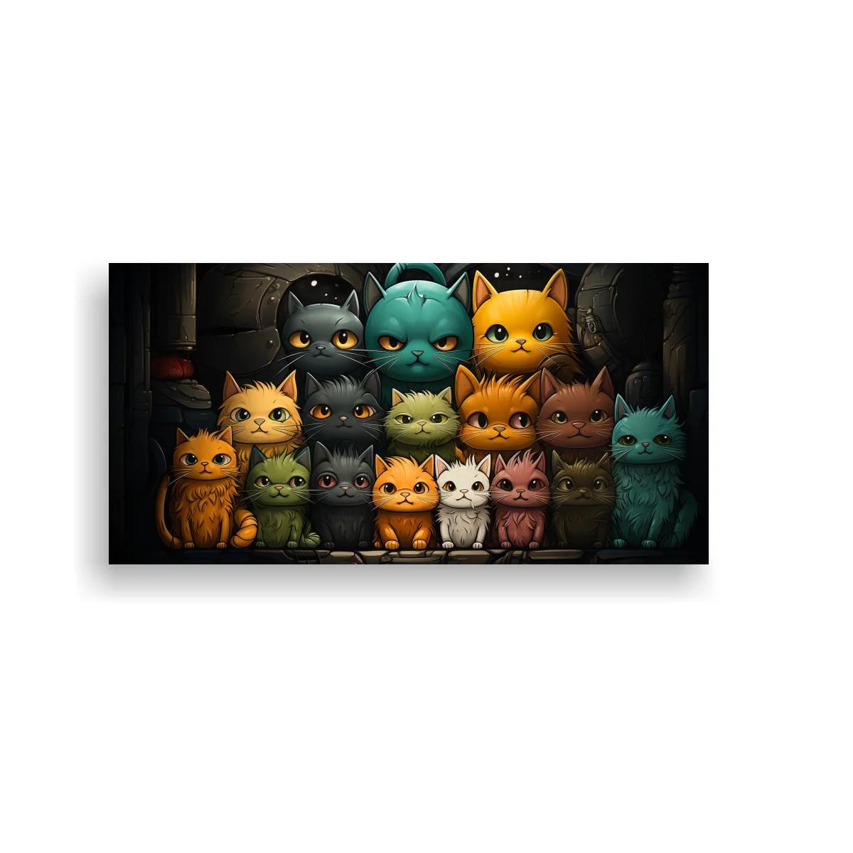 Cuadro grupo de gatos de ojos grandes con fondo oscuro
