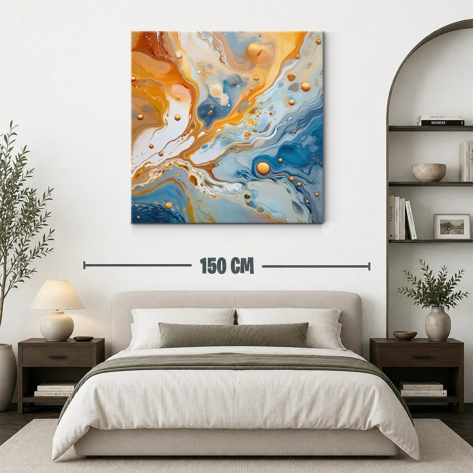 Cuadro abstracto con tonos dorados y azulados vibrantes — miniatura 3