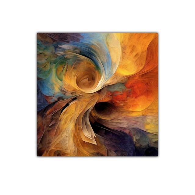 Cuadro abstracto con remolinos en tonos cálidos y fríos