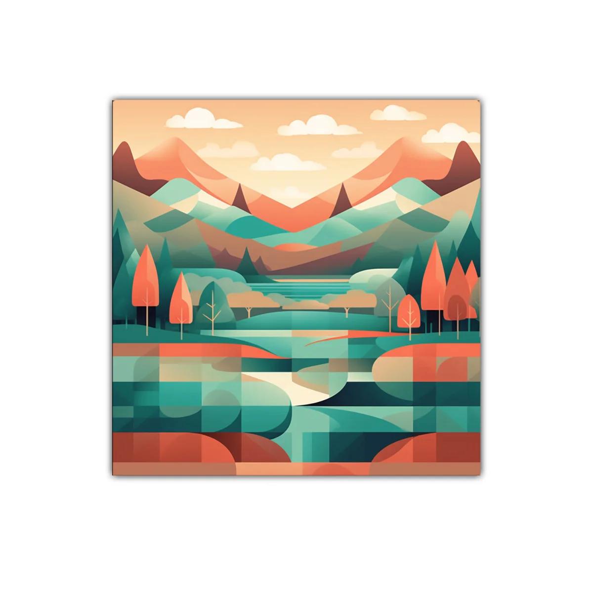 Paisaje geométrico con montañas y árboles en tonos cálidos — imagen principal