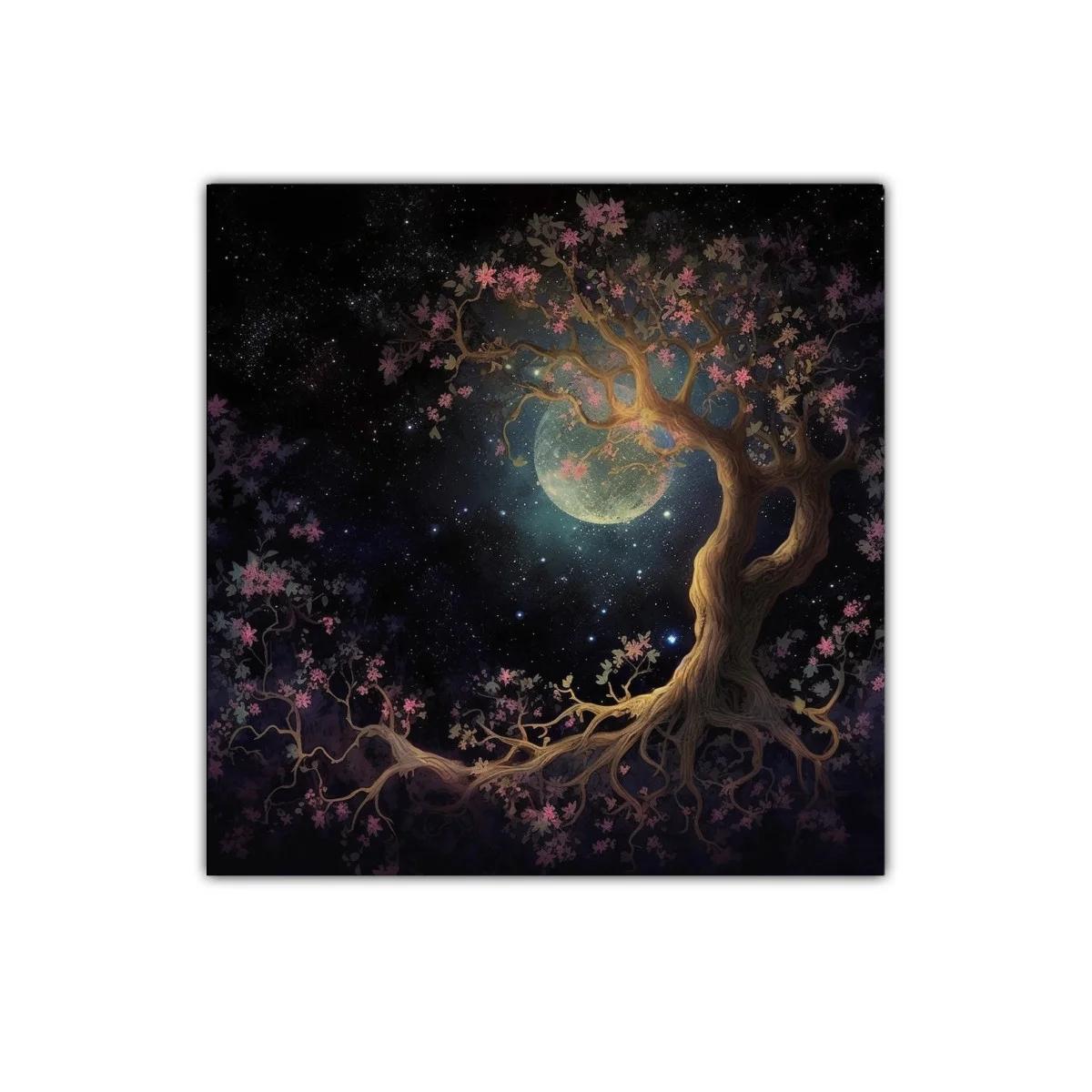 Árbol mágico bajo la luna en un cielo estrellado