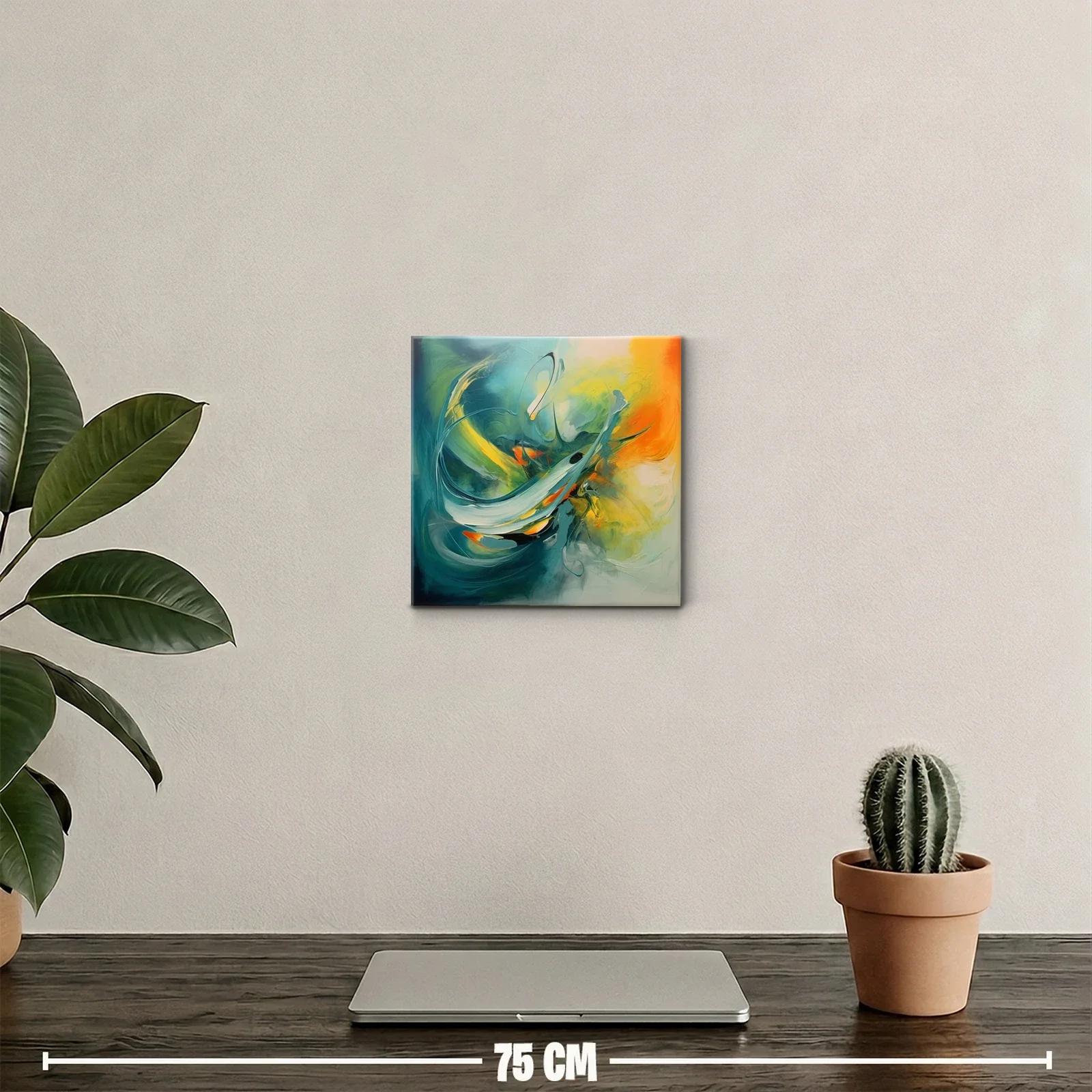 Cuadro abstracto con dinamismo en tonos verdes y naranjas — miniatura 2