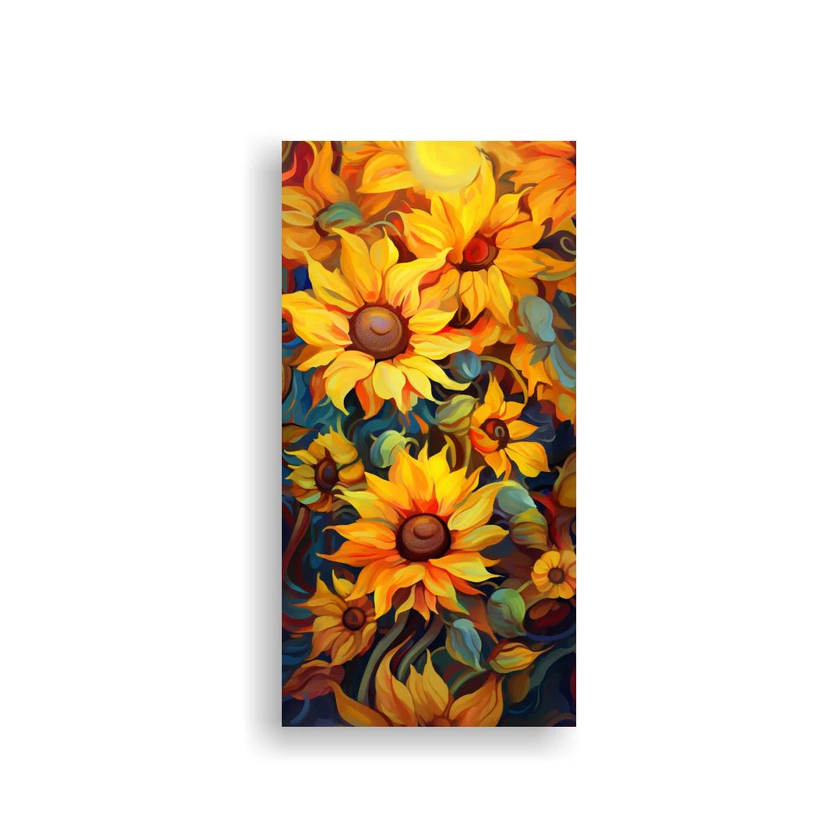 Cuadro de girasoles con contraste azul verdoso