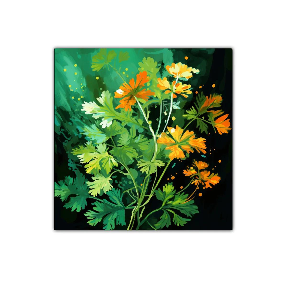 Cuadro decorativo con flores silvestres en tonos verdes y naranjas