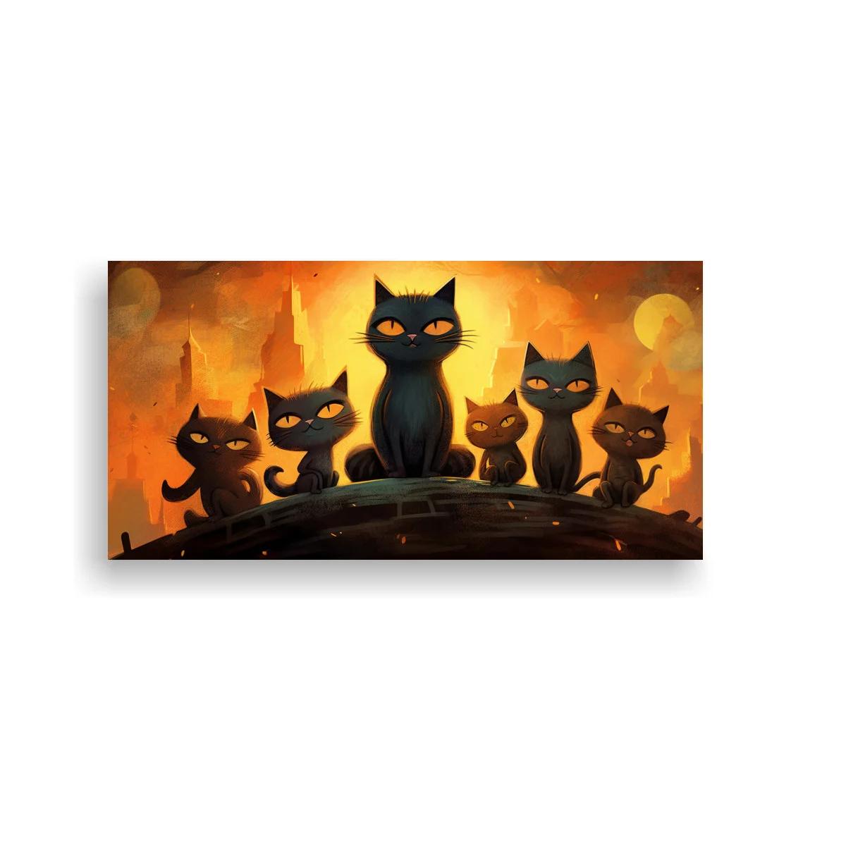 Cuadro grupo de gatos negros con skyline urbano