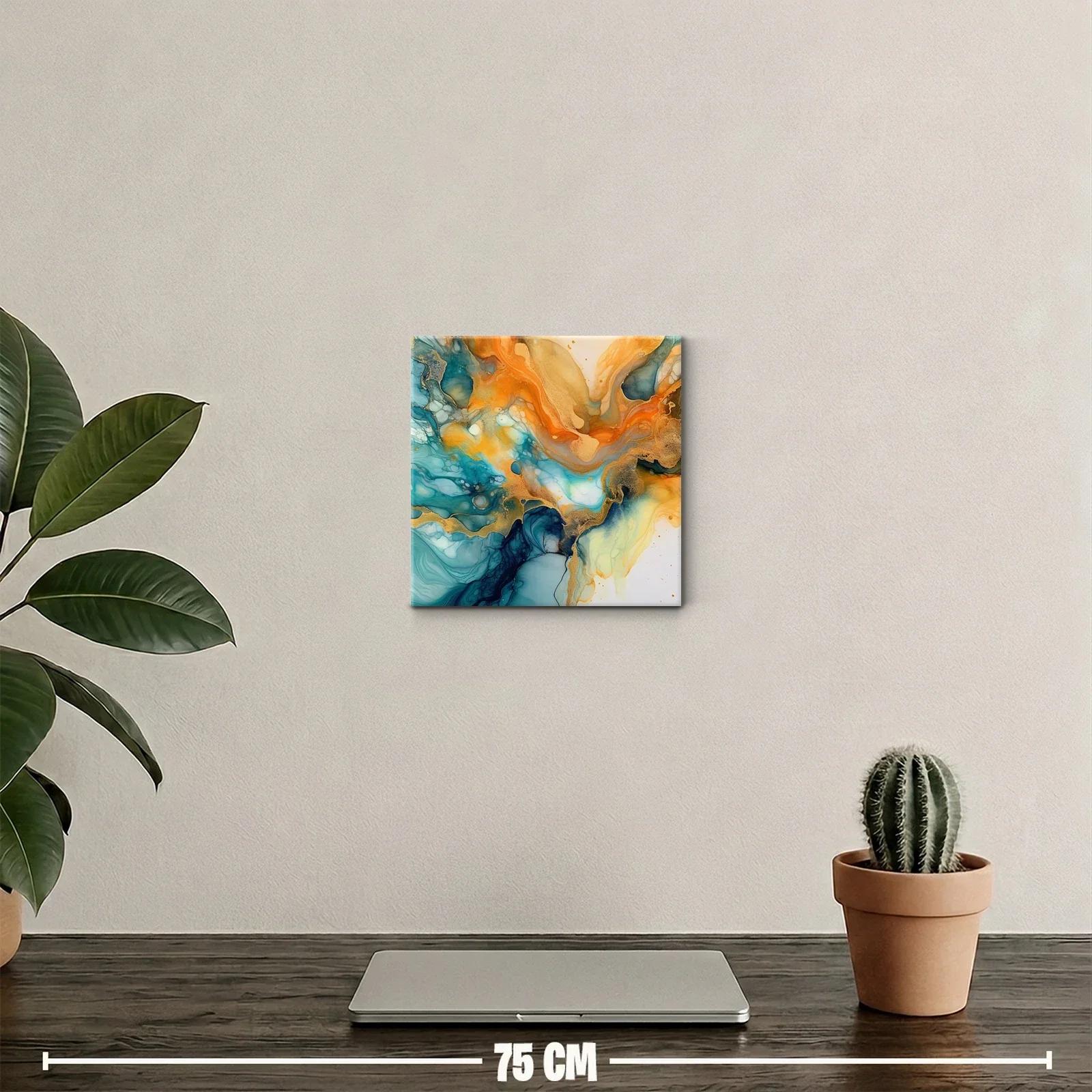 Cuadro abstracto en tonos turquesa y dorado vibrante — miniatura 2