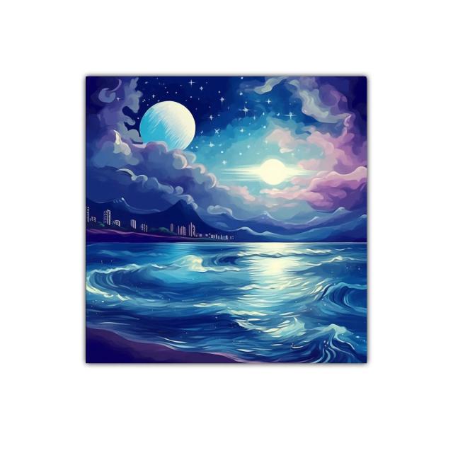 Paisaje nocturno con luna y océano azul profundo