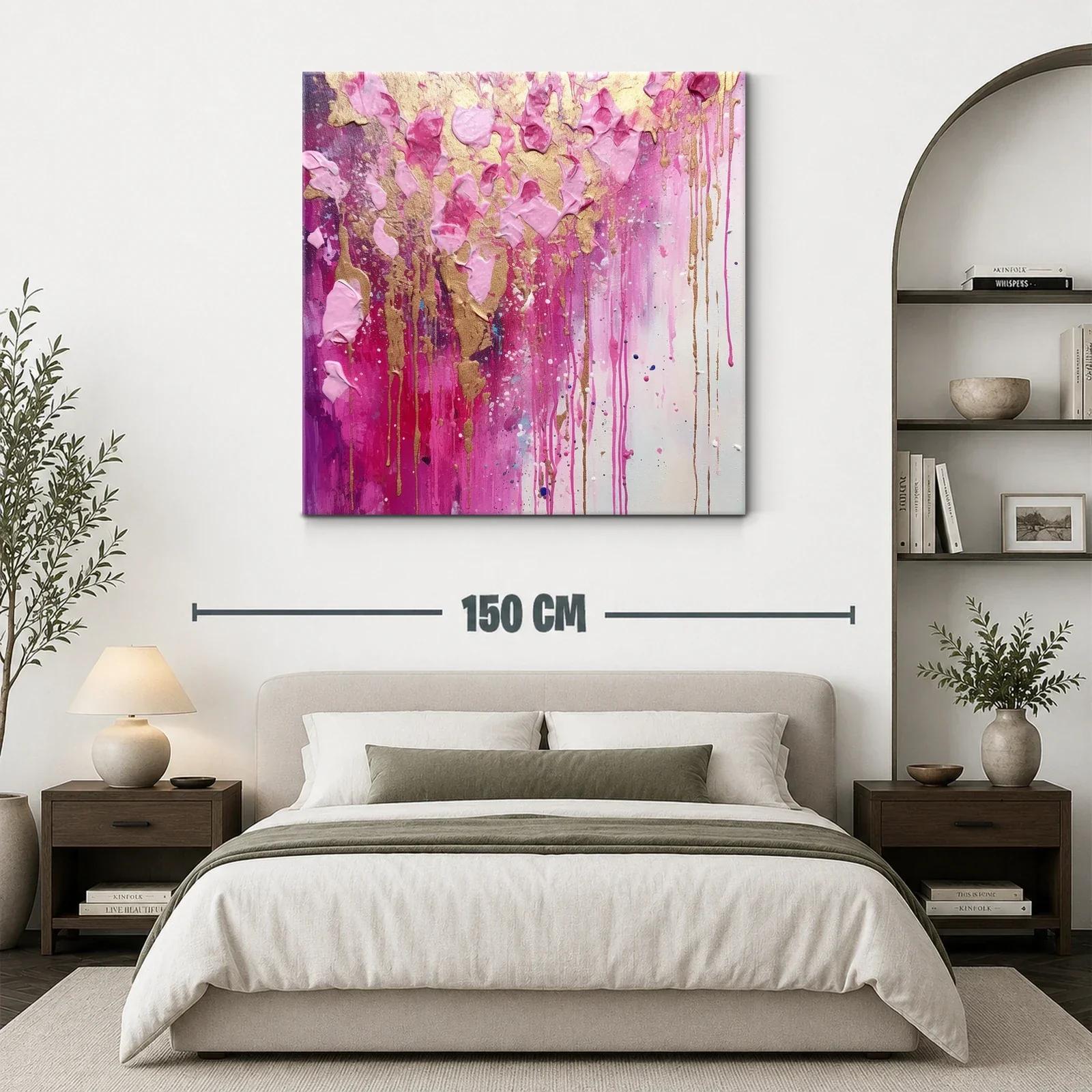 Cuadro abstracto en tonos rosas con detalles dorados — miniatura 3