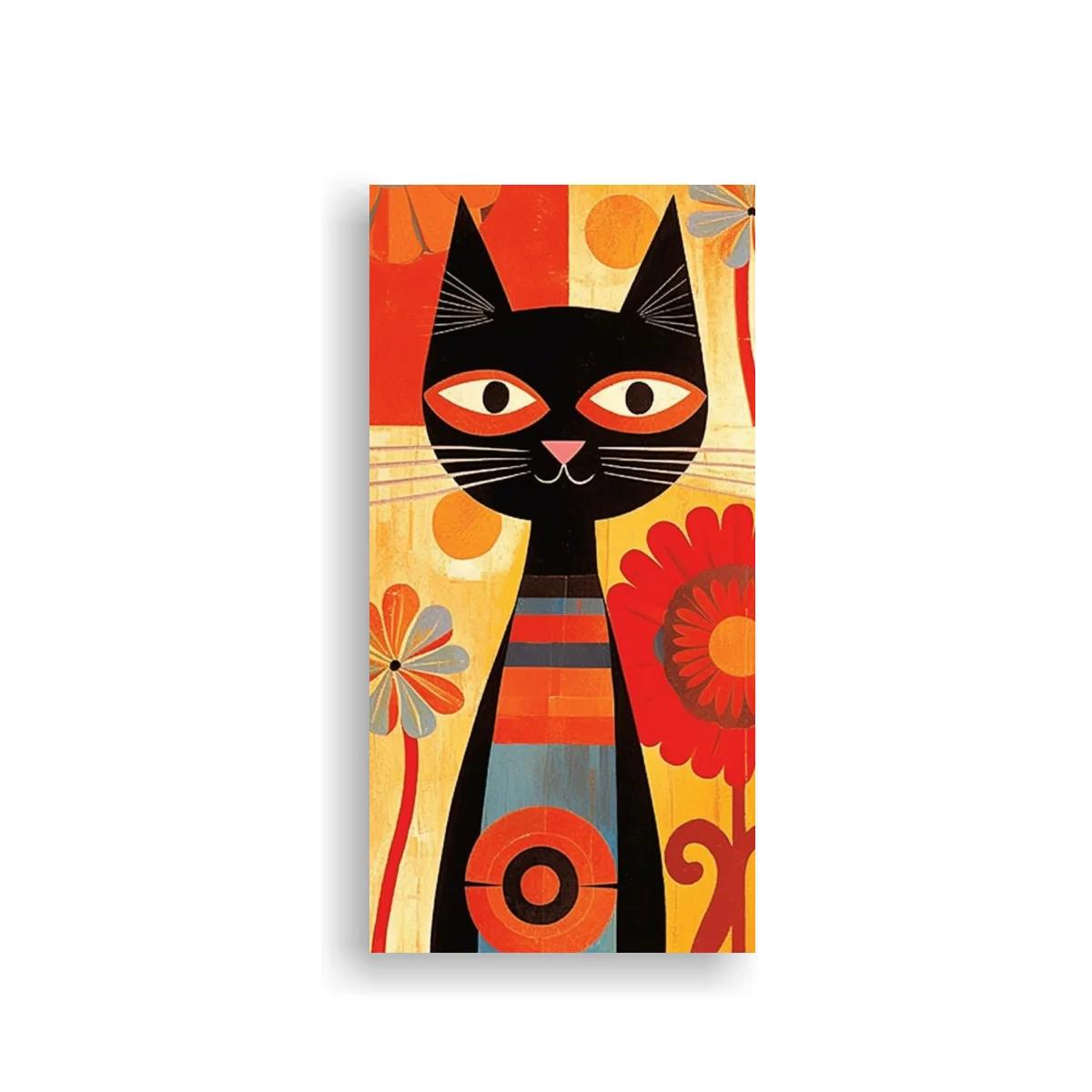 Cuadro gato negro con flores y tallos curvos