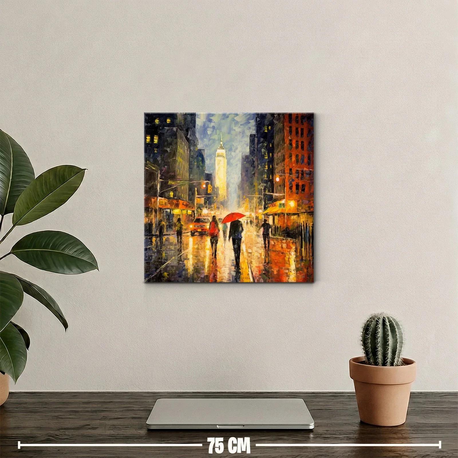 Escena urbana nocturna con paraguas rojo y luces cálidas — miniatura 2