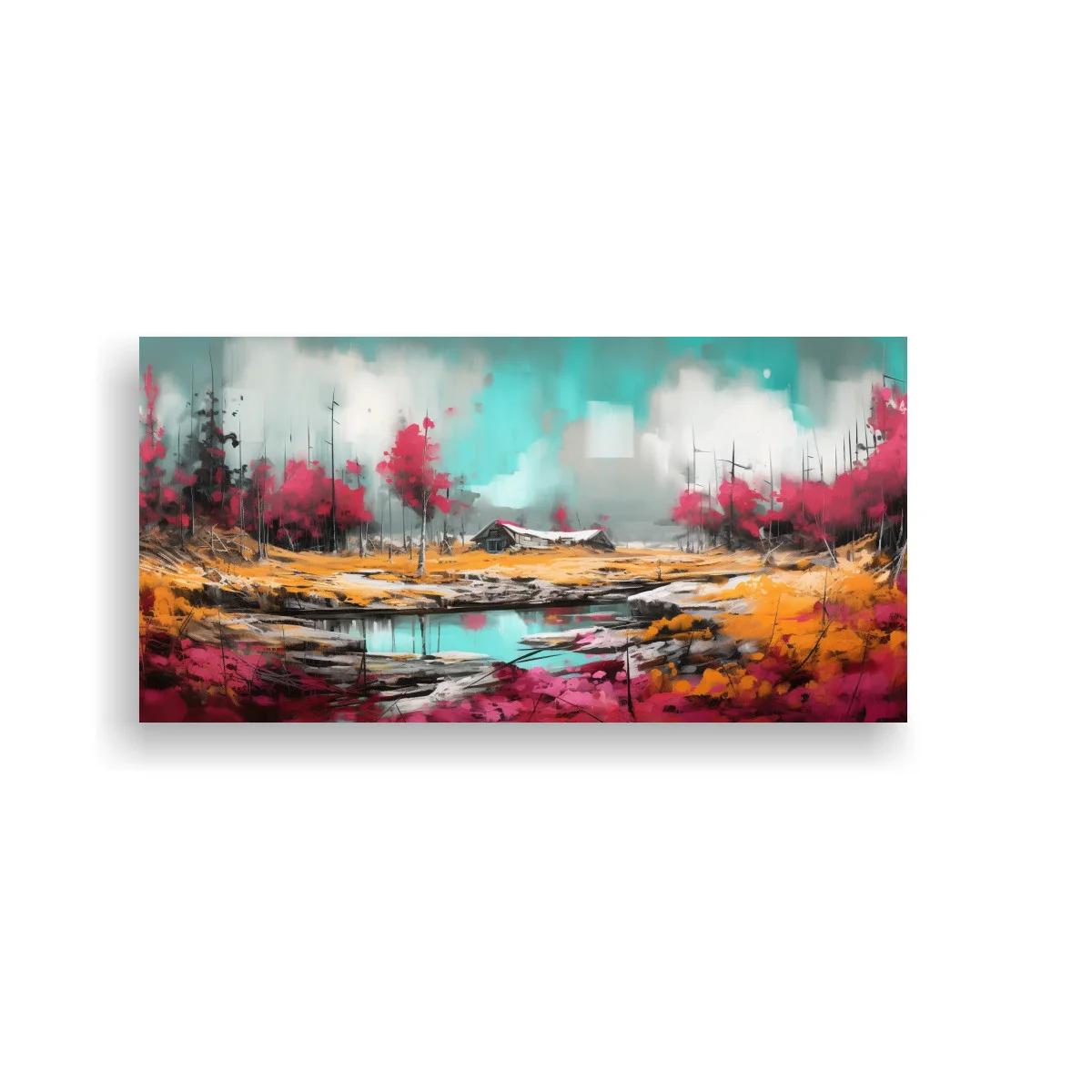 Cuadro paisaje con lago y árboles rosados