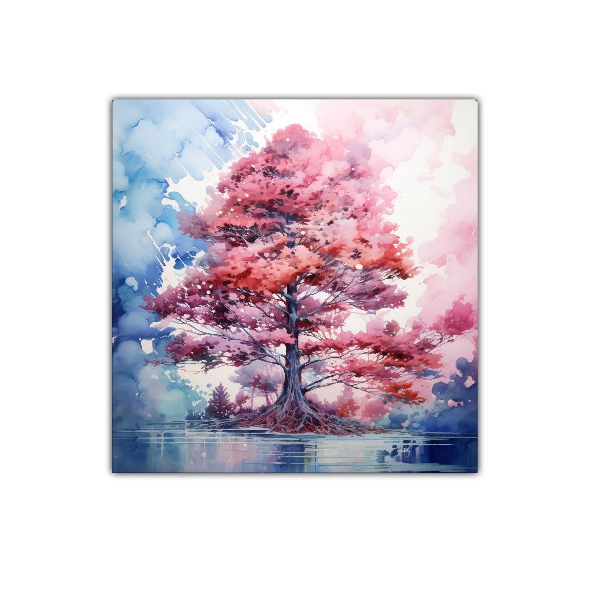 Cuadro decorativo árbol rosa con reflejo en agua azul y rosa