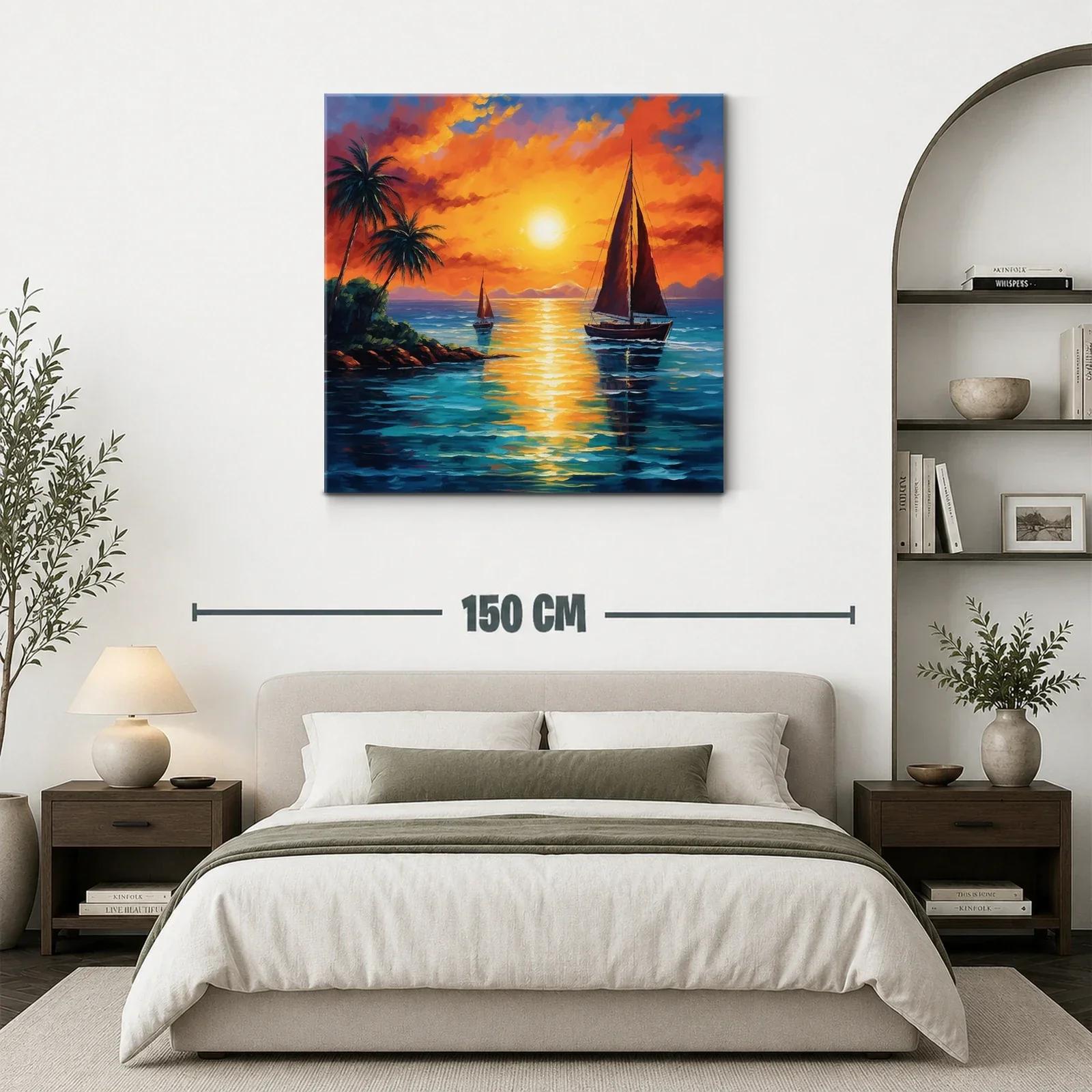 Atardecer en la costa con velero y palmeras tropicales — miniatura 3