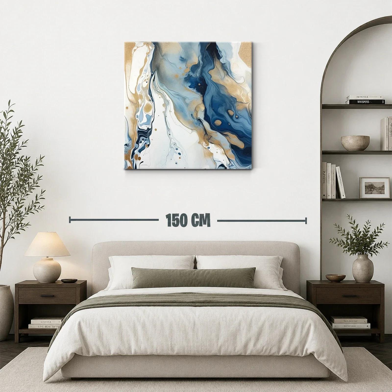 Cuadro abstracto en tonos azules y dorados fluidos — miniatura 3