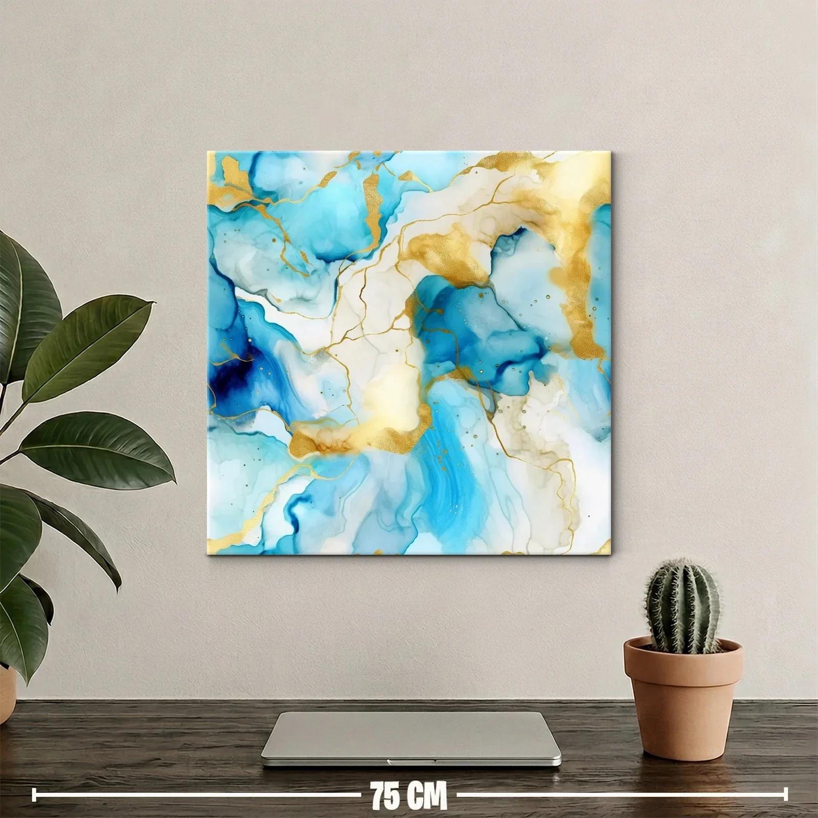 Cuadro abstracto azul y dorado con diseño fluido elegante — miniatura 2