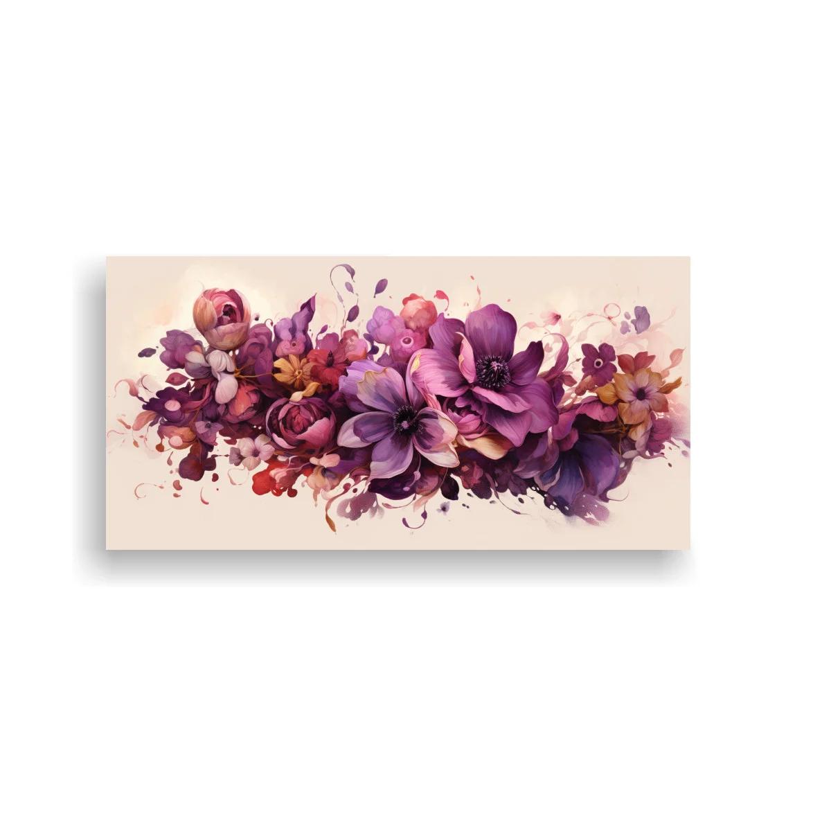Cuadro ramo de flores moradas en acuarela panorámica