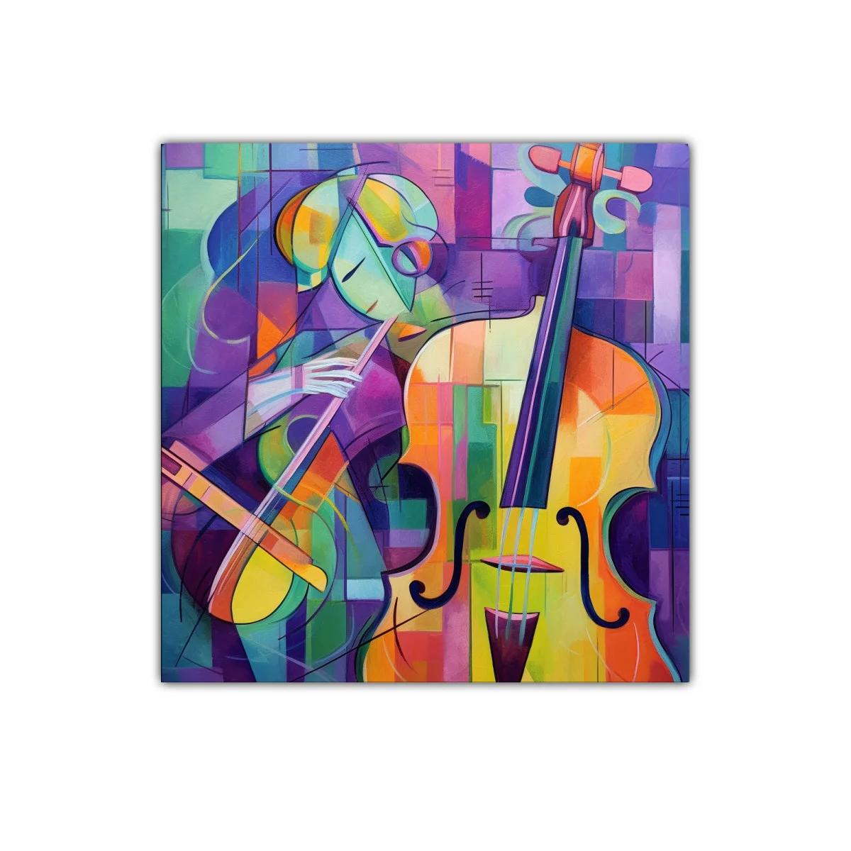 Cuadro abstracto con músico y violonchelo en colores vivos
