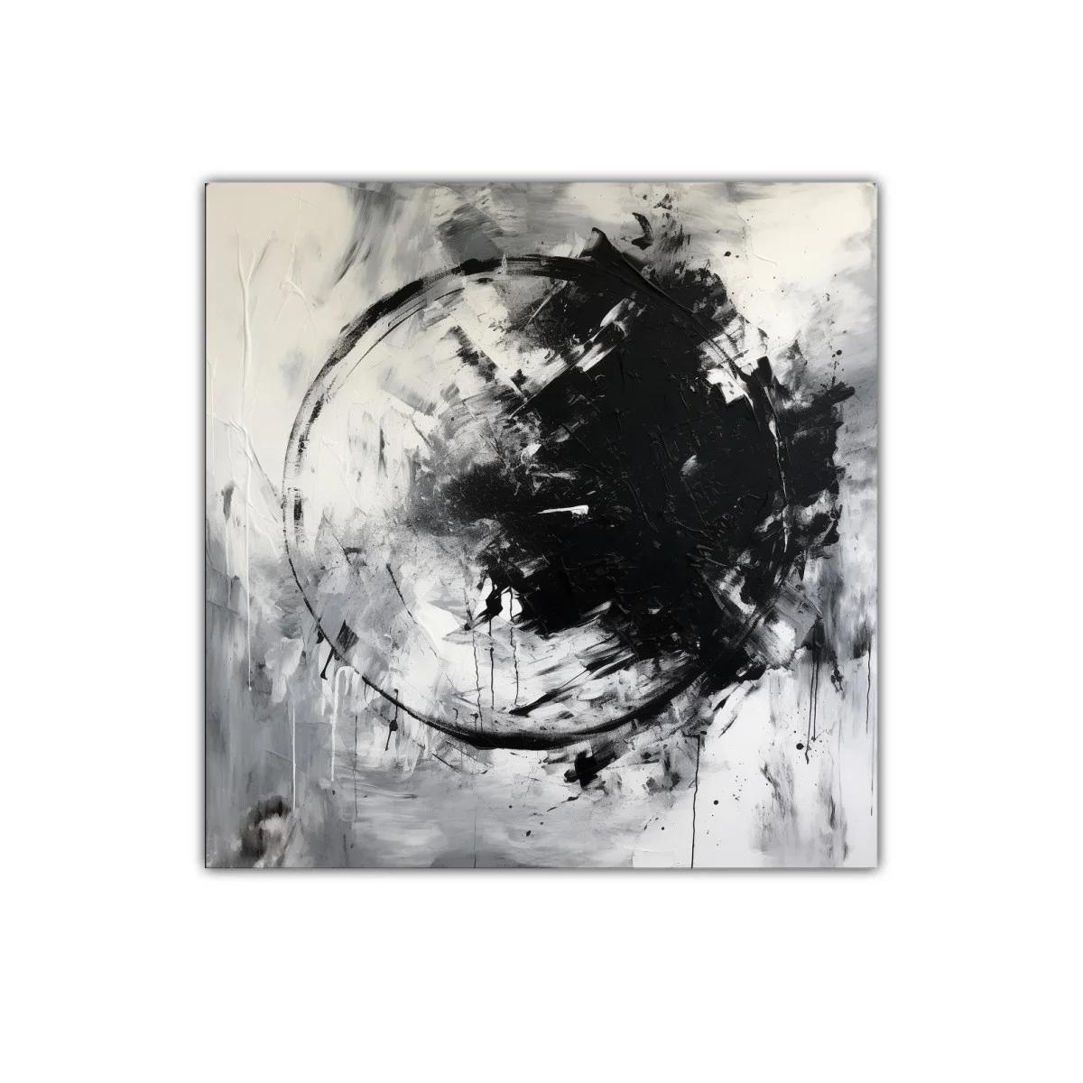 Cuadro abstracto en blanco y negro con círculo dinámico — imagen principal