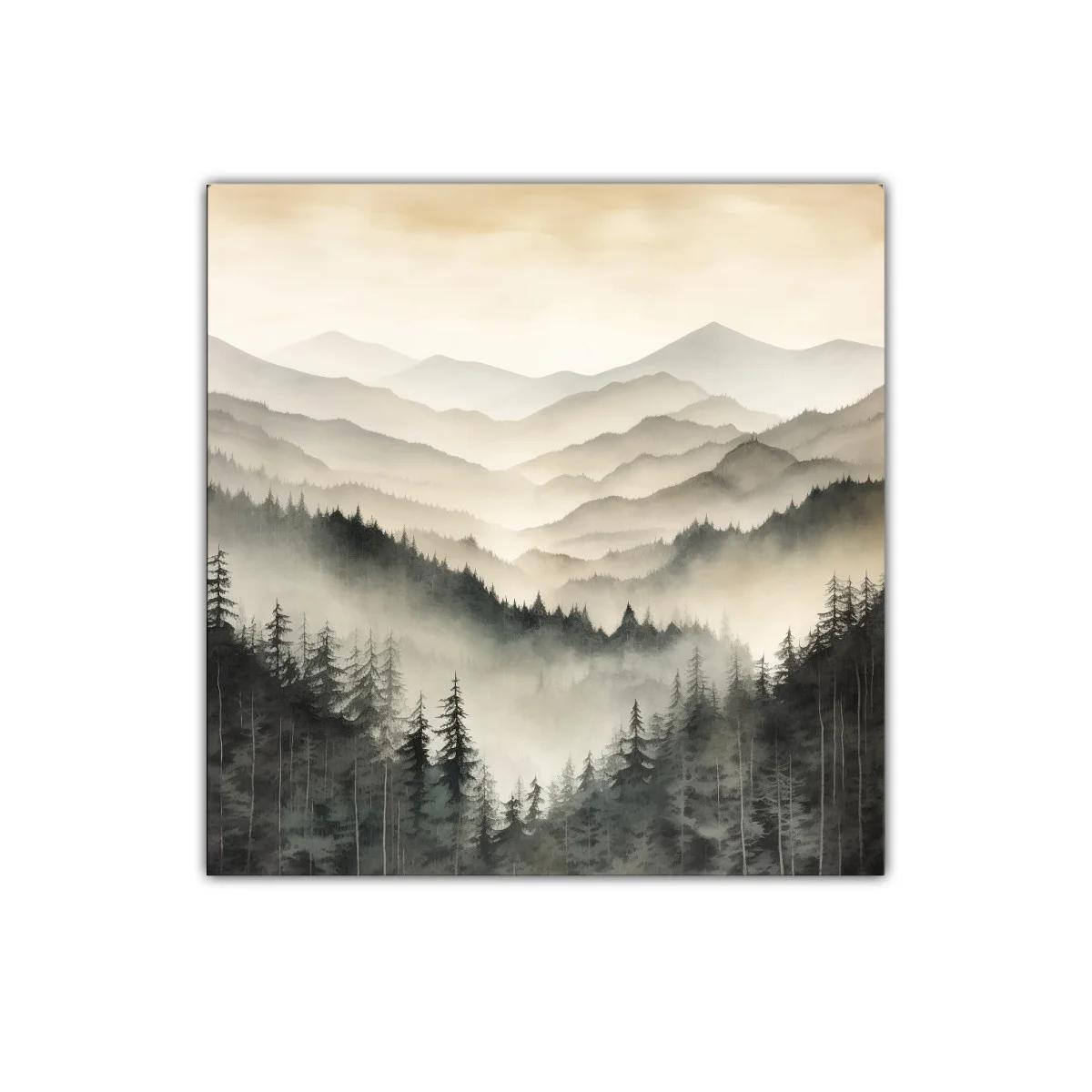 Paisaje de Montañas y Bosques con Niebla Suave y Tranquila — imagen principal